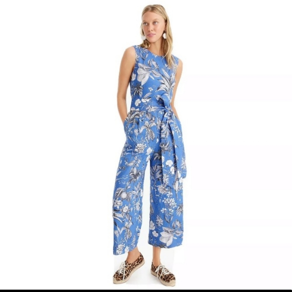J. Crew Linen Wrap-Back Jumpsuit in Ratti Print Tropical Toile Blue Aviary 10